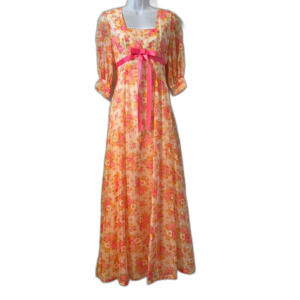 Vintage Handmade Empire Floral Dress 1950s 1960s Bow Detail XS/S